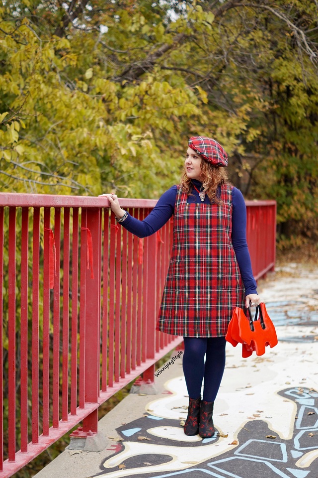 Winnipeg Style Fashion stylist, Canadian style blogger, April Cornell winter red plaid shift jumper dress, April Cornell wool red plaid beret hat, Tabbisocks Narasocks over the knee blue red heart back seam socks, Amliya red scottie dog bag, Topshop embroidered blue red floral ankle boots 